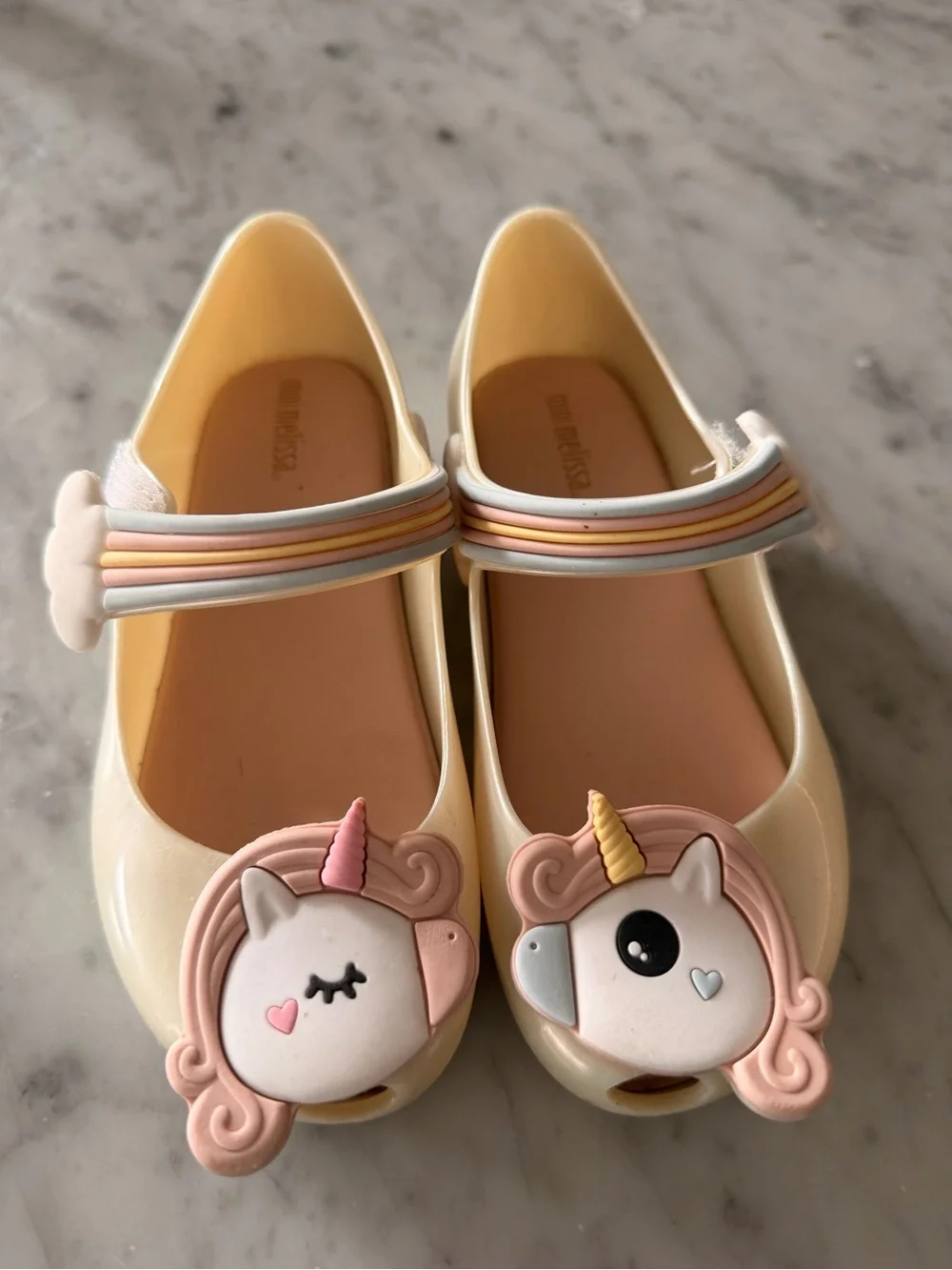 Mini Melissa Girls' Unicorn Mary Janes in Pearly Cream with Rainbow Strap